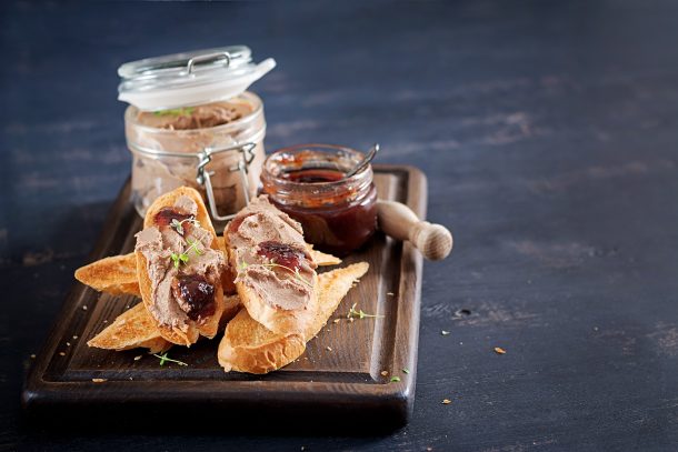 Chicken Homemade Liver Paste Or Pate In Glass Jar With Toasts And Lingonberry Jam With Chili. Copy Space